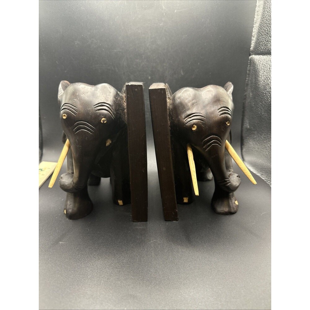 Vintage Hand Carved Ebony Elephant Book Ends 5.5” Tall 4.5” Wide